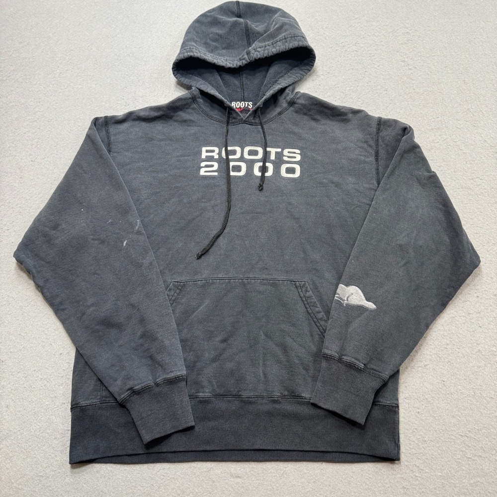 Y2K Roots Athletics Hoodie Mens Large Black Fleece Lined Loose Canadian Heritage
